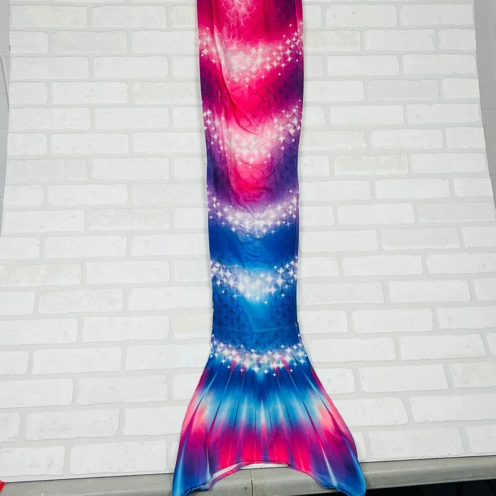 Kids Mermaid Tail Swim Coverup Pink Blue Scale Print Flipper Slit Skirt